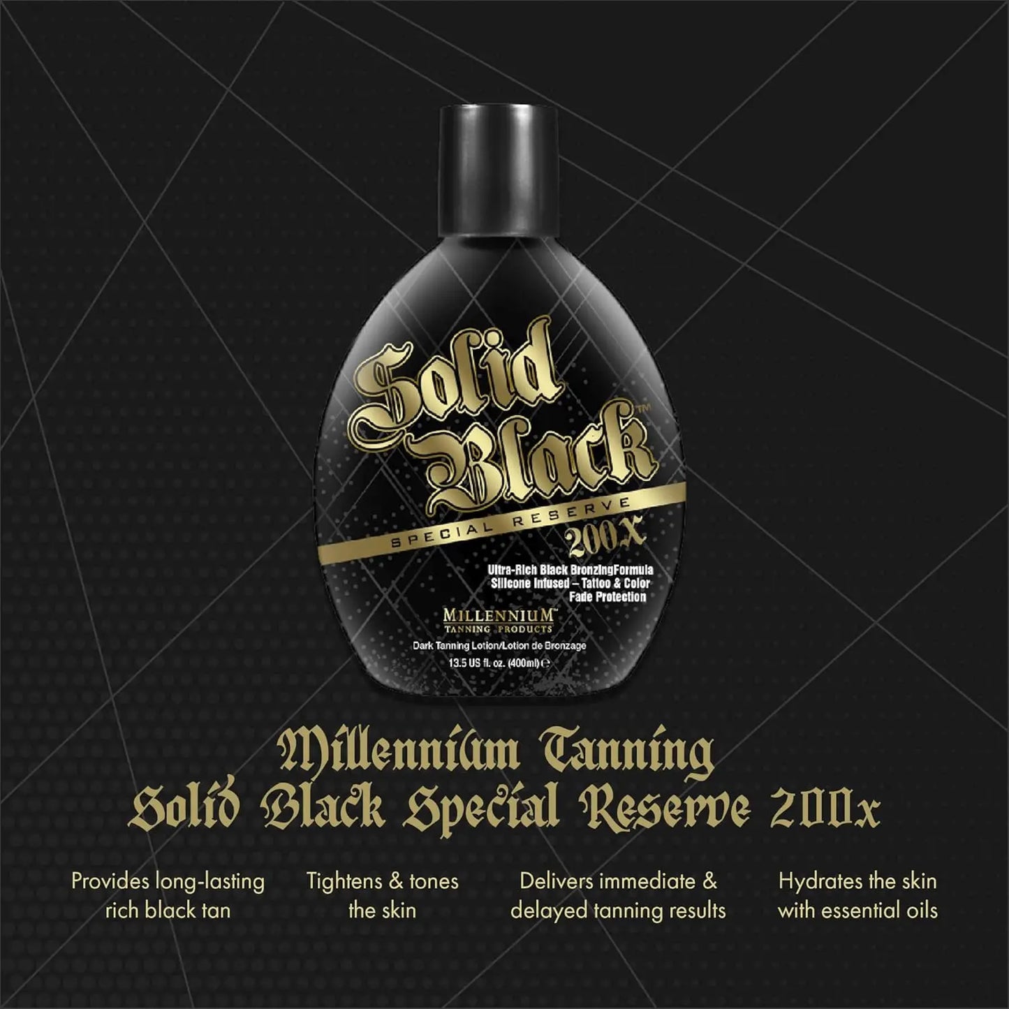 Millennium Tanning Solid Black Special Reserve 200X Bronzing Lotion with Tattoo Protector, Skin Tighteners & Antioxidants, 13.5 Oz