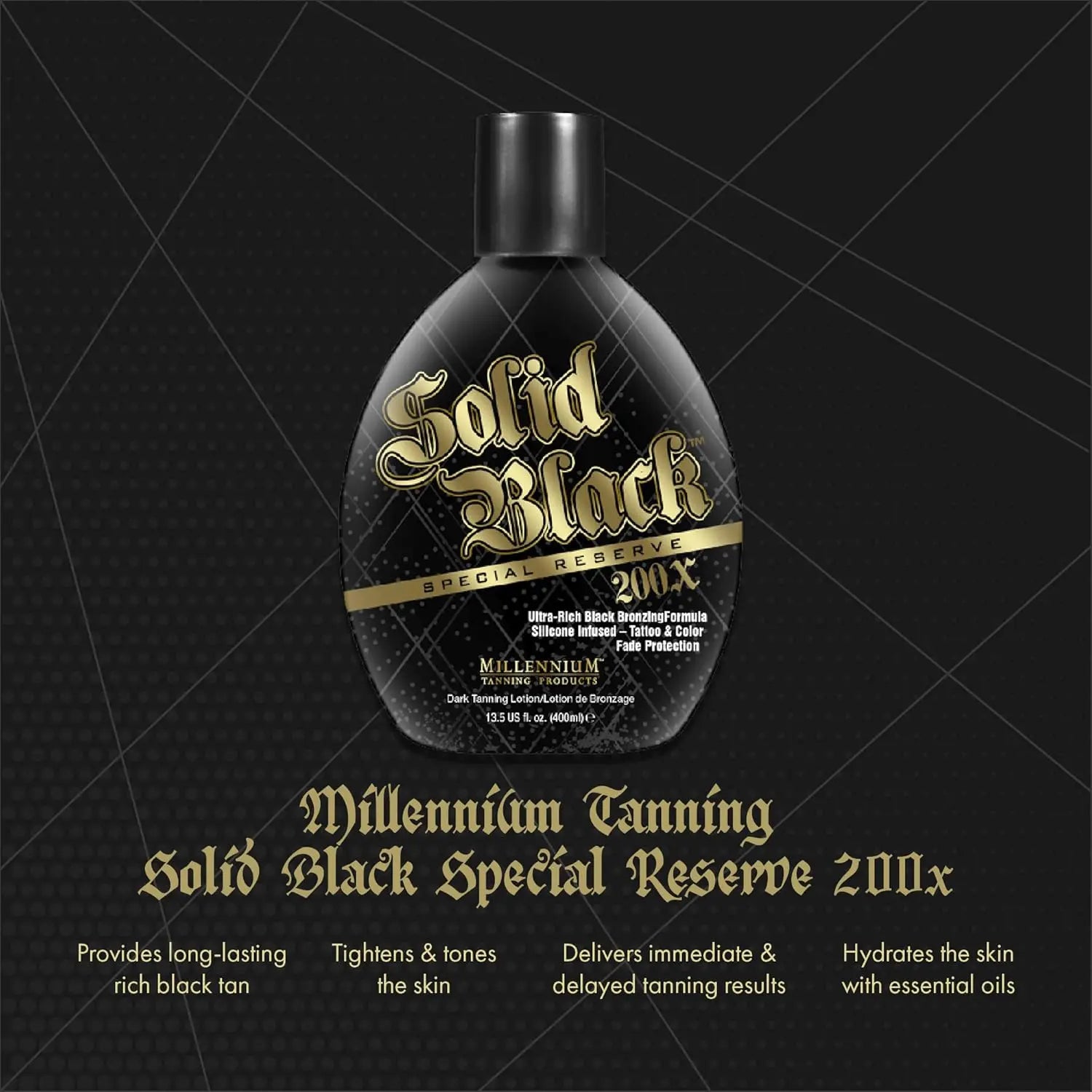 Millennium Tanning Solid Black Special Reserve 200X Bronzing Lotion with Tattoo Protector, Skin Tighteners & Antioxidants, 13.5 Oz