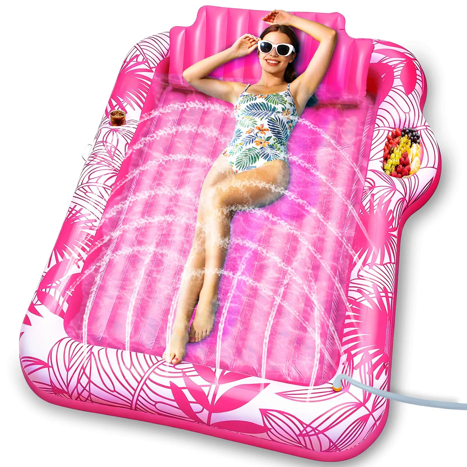 Large Inflatable Tanning Pool Lounge Float with Sprinkler Cup Holder, 78"X50" Large Pool Floats Adult with Pillow, 4 in 1 Suntan Tub Raft Floatie, Sunbathing Bed Lounge for Water Blow up Kids Ball Pit Party Gifts, Inflatable Sofa Summervibes