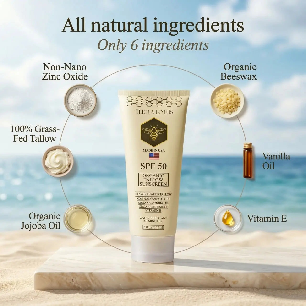Organic Tallow Sunscreen - Natural Mineral Sunscreen SPF 50 - Safest Organic Natural Tallow & Zinc Oxide Sunblock | Reef Safe, Clean Non-Greasy Formula for Face and Body Skin Repair Skin Repair