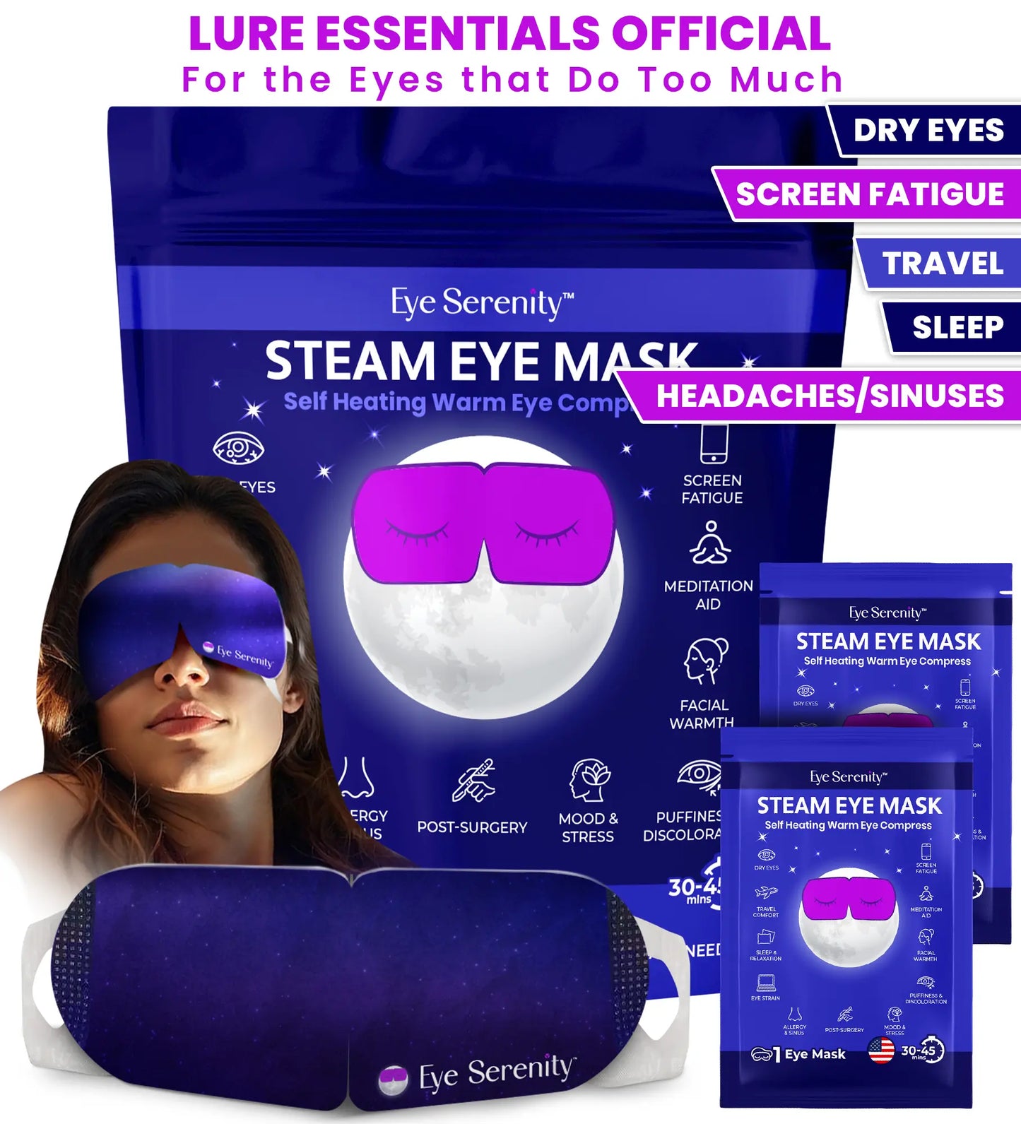 Eye Serenity Steam Eye Mask - Warm Eye Compress and Sleep Mask for Dry Eye, Screen Fatigue, Travel, Sleep, Gifts - Calming Heated Eye Mask