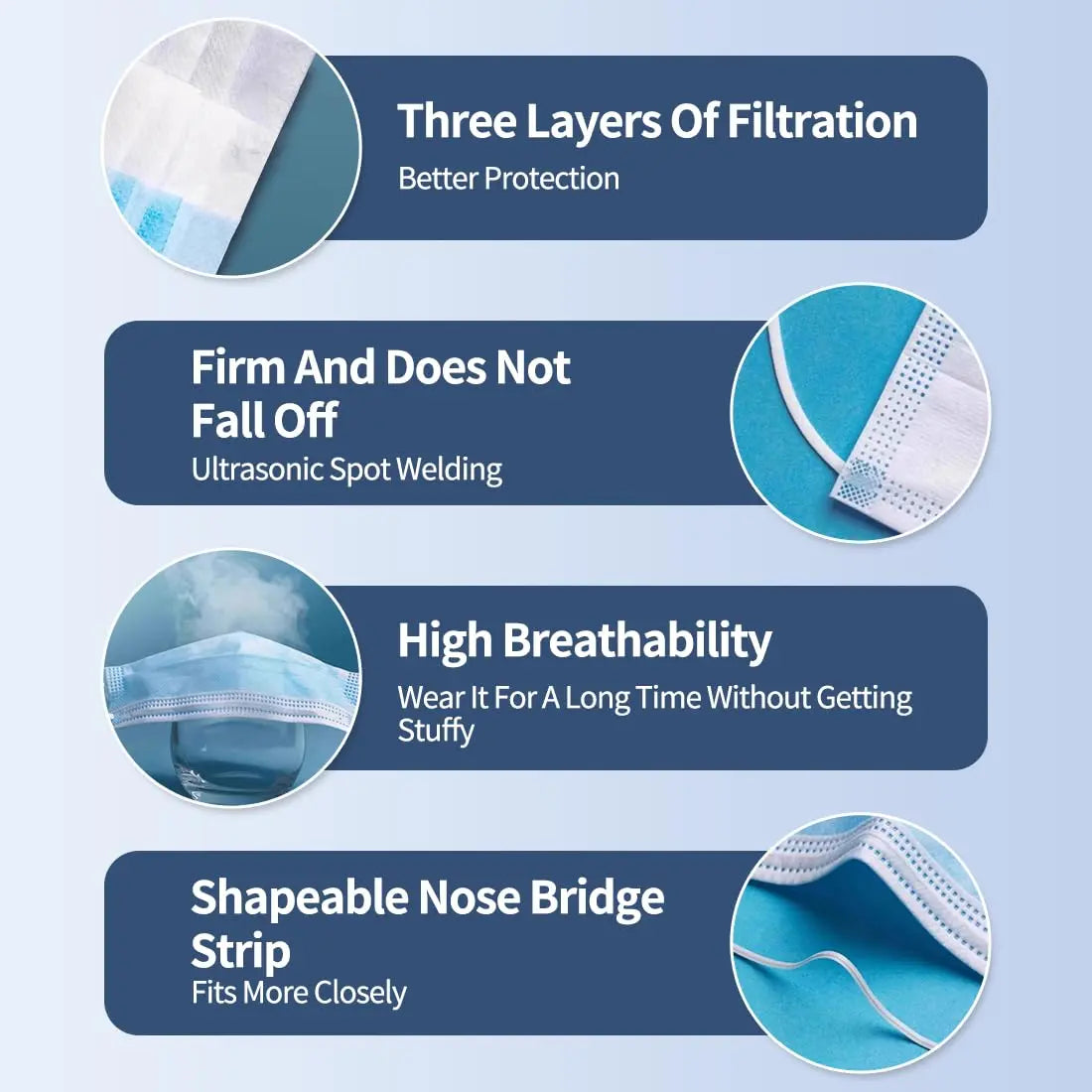 Disposable Protective Face Mask 50/100Pack Individually Packaged Wrapped Protection for Adults 3-Layer Filter Safety Face Masks Non-Woven Melt-Blown Filter Breathable Protection Mask for Travel Daily Protection against Droplets