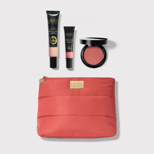 Laura Geller Good Skin SPF Kit (4PC) with SPF 50 Foundation, SPF 30 Shine N Shield Lip Balm, Wonder Balm, Makeup Bag, and FREE Brush