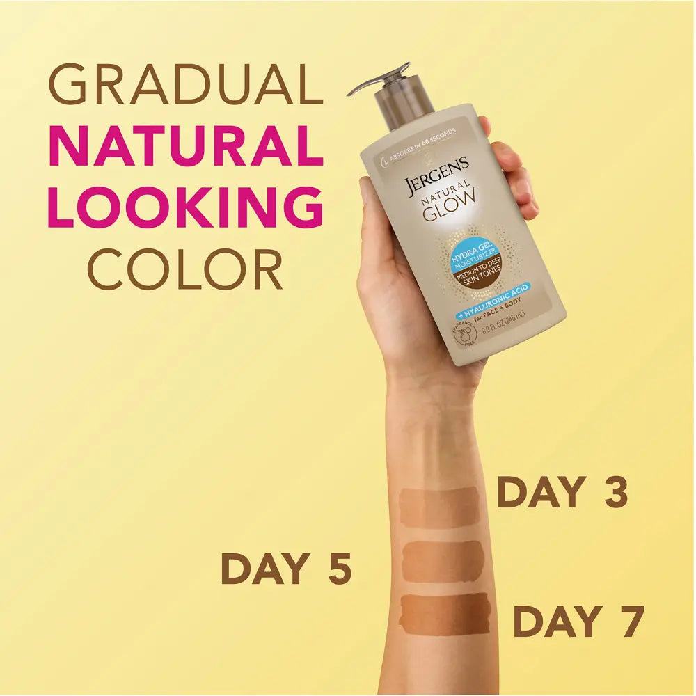 Jergens Natural Glow Hydra Gel Moisturizer + Hyaluronic Acid, Hydrating Tanning Gel Cream for Face and Body, Fragrance-Free Self Tanner, 8.3 Oz