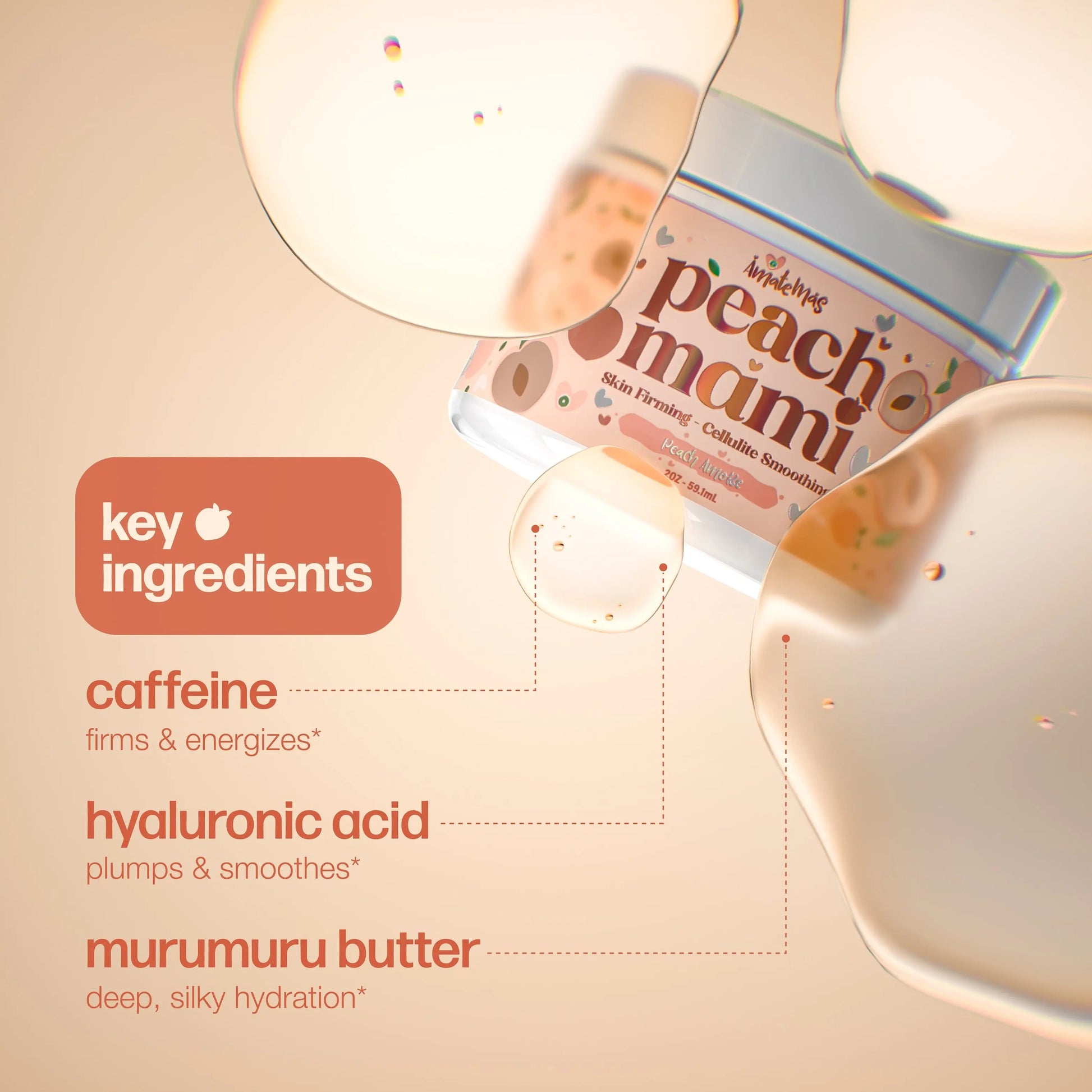 AMATEMAS Peach Mami Skin Firming Body Cream - Vegan Blend Body Care Self Care Product with Caffeine, Hyaluronic Acid, Jasmine, Coconut for All Skin Types Deep Hydration, Smooth Glow