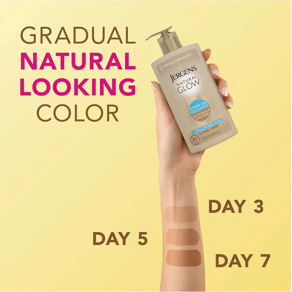 Jergens Natural Glow Hydra Gel Moisturizer + Hyaluronic Acid, Hydrating Tanning Gel Cream for Face and Body, Fragrance-Free Self Tanner, 8.3 Oz