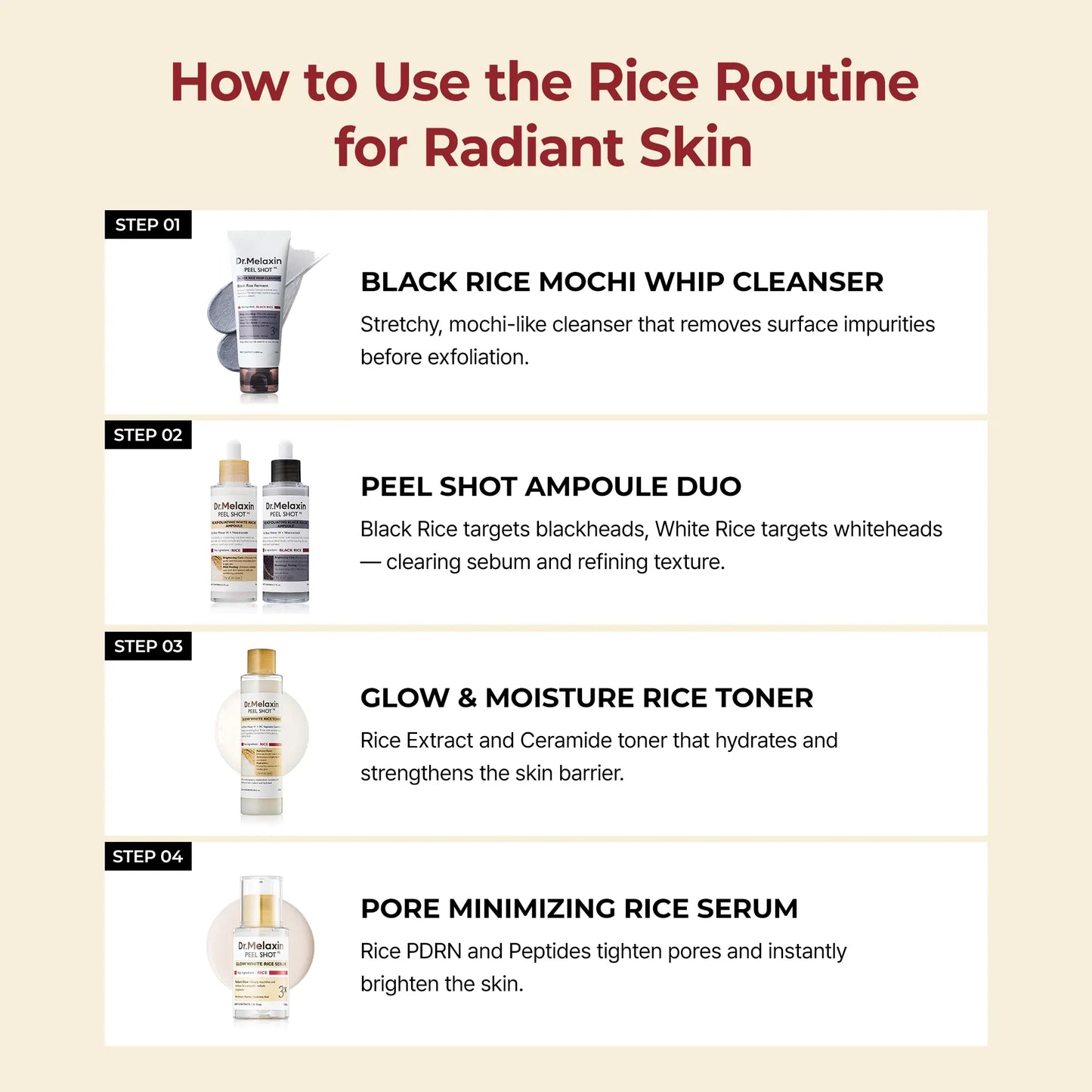[Dr.Melaxin Official] the Ultimate Exfoliating Glow Rice Routine Set Exfoliating Glow Rice Peel Shot Facial Cleanser Pore Care Serum Skin Repair Care