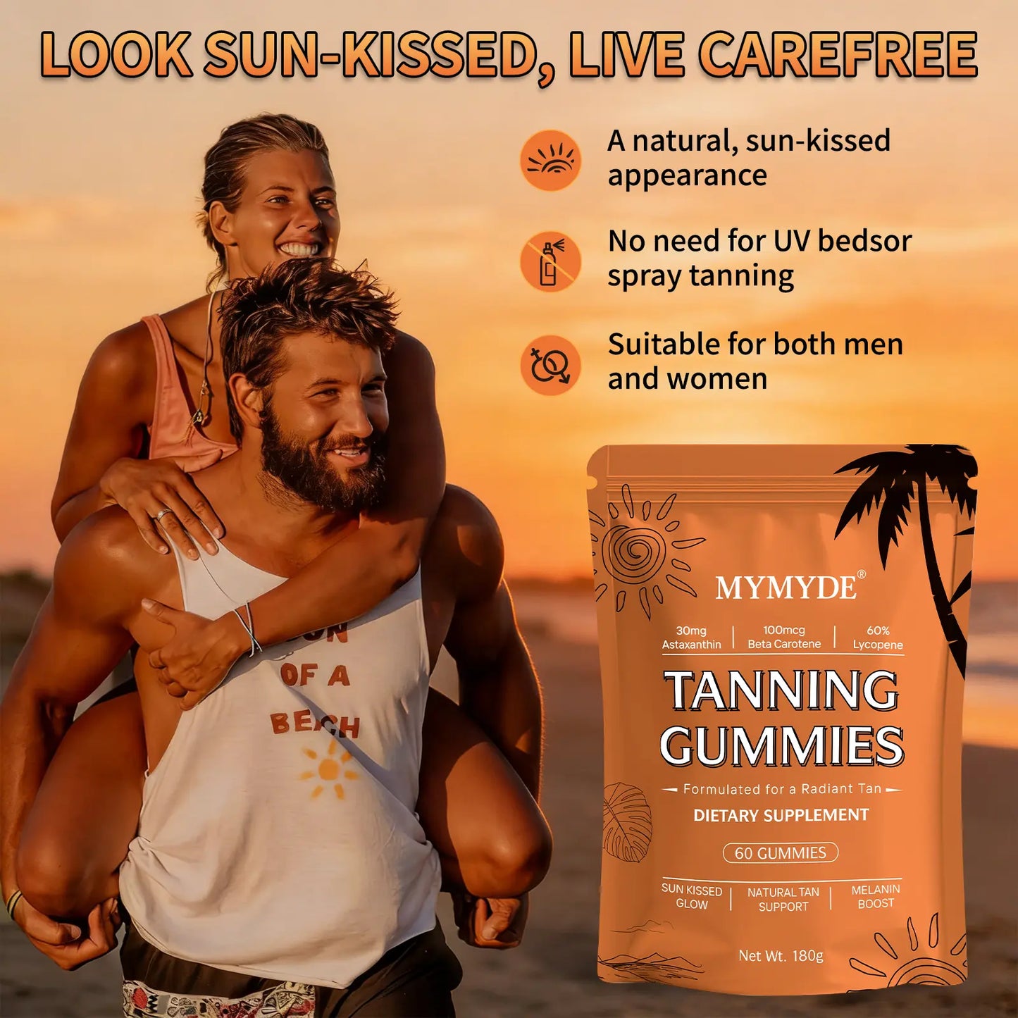 MYMYDE Tanning Gummies Dietary Supplement for Radiant Tan Sun Kissed Glow Natural Tan Support Melanin Boost 60 Gummies - Vitamin, Fitness Vitamin Fitness Healthcare Edible Bathroom Bathroom