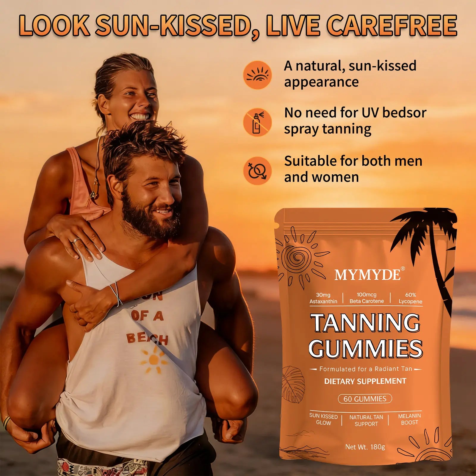 MYMYDE Tanning Gummies Dietary Supplement for Radiant Tan Sun Kissed Glow Natural Tan Support Melanin Boost 60 Gummies - Vitamin, Fitness Vitamin Fitness Healthcare Edible Bathroom Bathroom