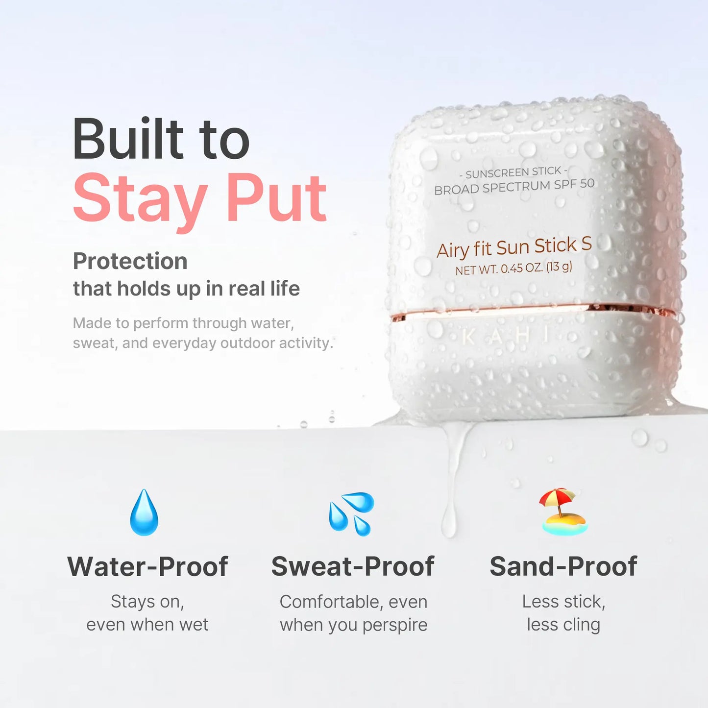 KAHI Airy Fit Sun Stick S SPF 50+ Official Product Triple Functional Broad Spectrum Face Sunscreen Stick - Waterproof, Sweatproof & Sandproof - Ultra-Lightweight & Non-Greasy Sun Shield - Korean Skin Care 0.49 Oz