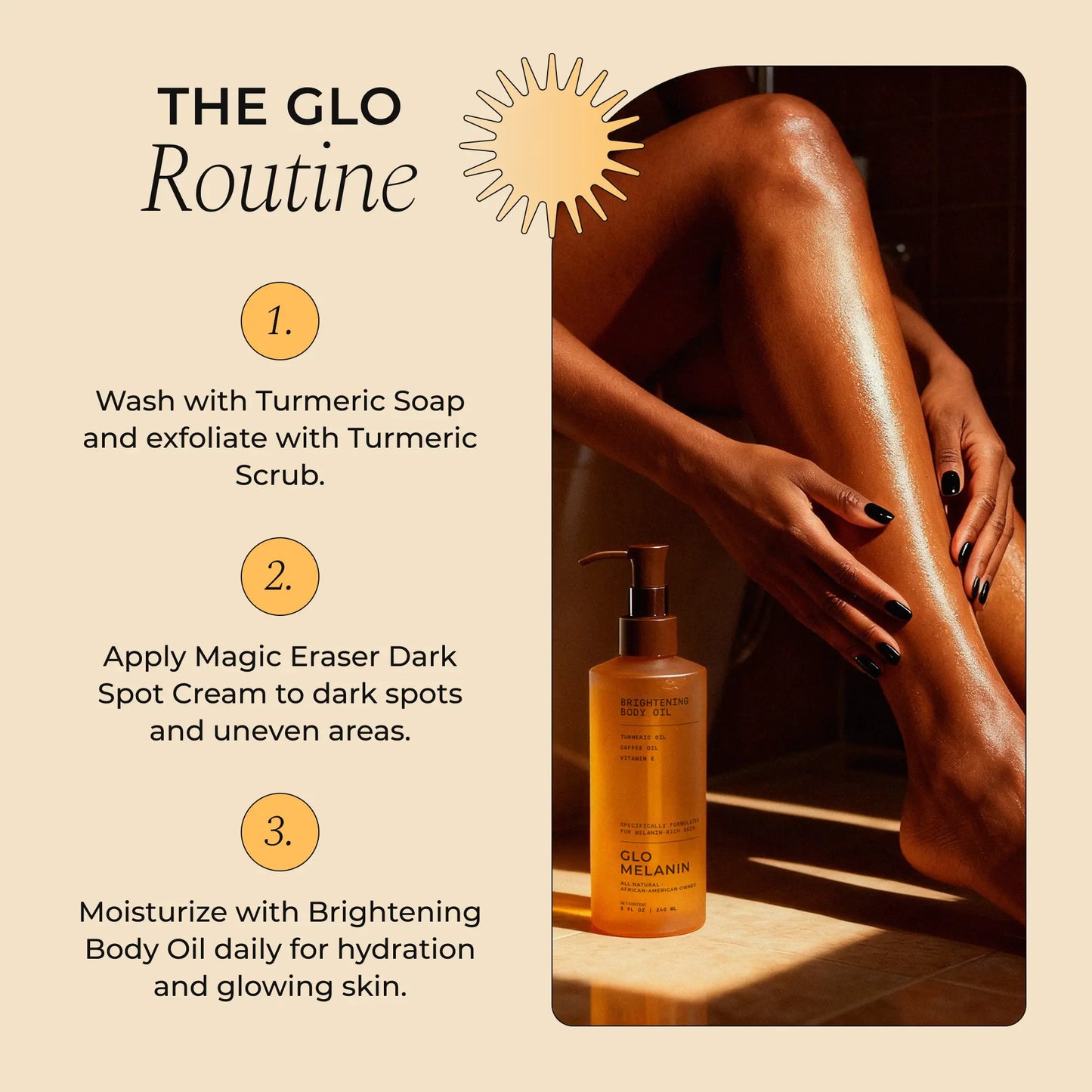 Glo Melanin Brightening Body Oil with Turmeric Grapeseed Oil & Vitamin E for Dark Spots Hyperpigmentation 240Ml Nourishing Care