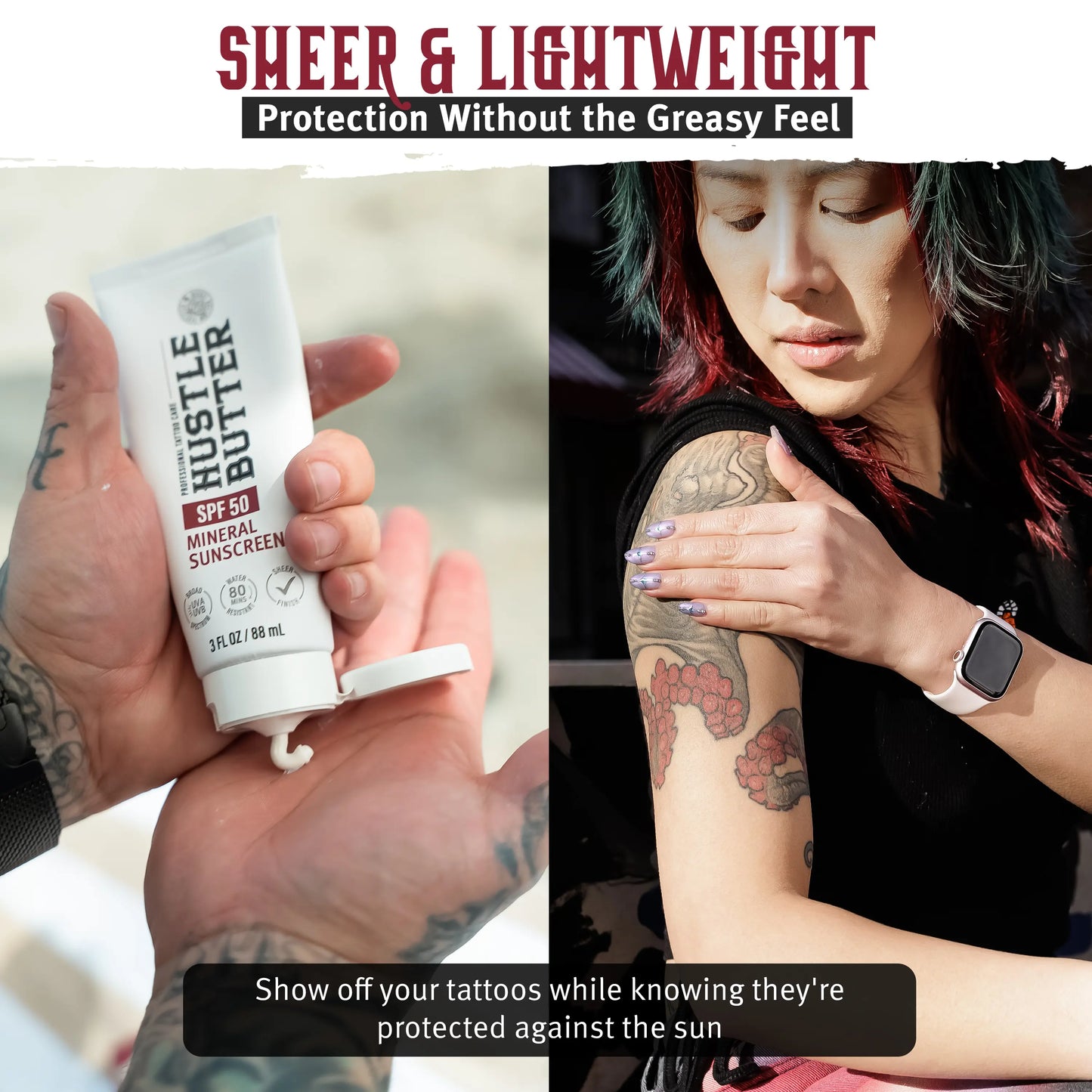 Hustle Butter Tattoo Sunscreen - Mineral Sunscreen Lotion, SPF 50, Tsa-Friendly, Water Resistant, 3 Oz