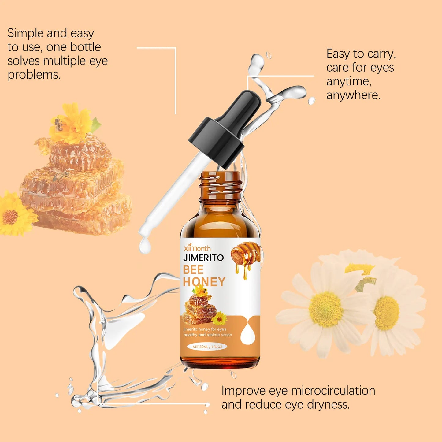 XIMONTH Genuine Honey Essence Eye Cleansing Serum 30ML Hydrating Moisturizer: Long-Lasting Moisturizing Anti-Eye Fatigue Soothing and Calming Lotion, Gentle Daily Use Refreshing Honey Eye Care Product, for Men and Women, Effective within 7 Days