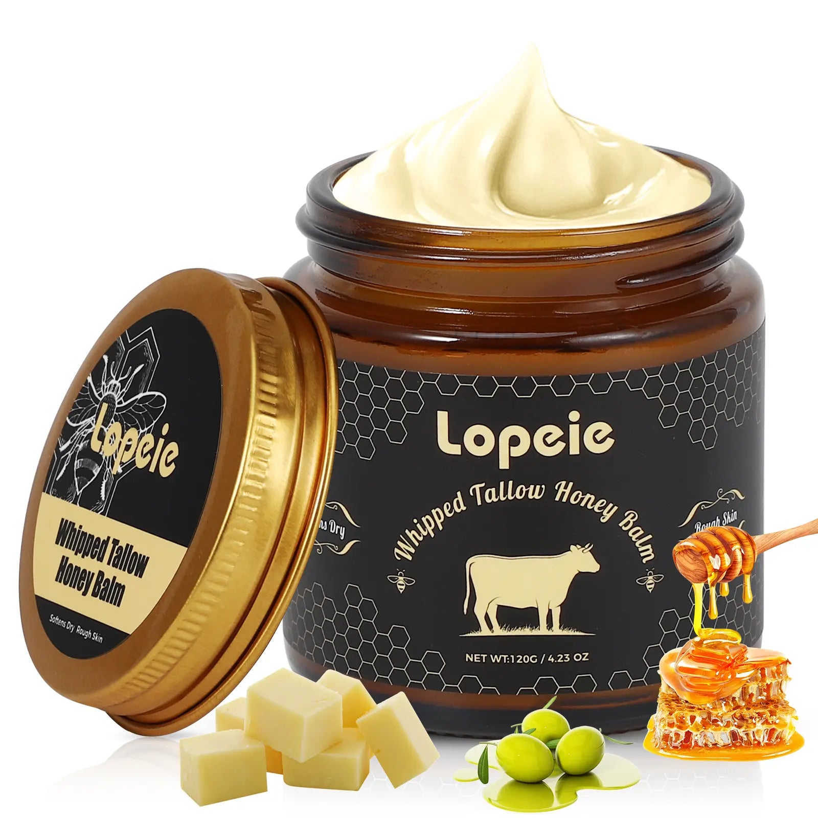 Lopeie Whipped Grass-Fed Beef Tallow Honey Balm - 4 Oz,Moisturizing Cream for Soft, Smooth Skin - Handmade All-Natural Moisturizer - Hydrating, Comfort, Moisture Boost Cream, Luminous Firming Cream, Body Care, Hydrating Dry Skin