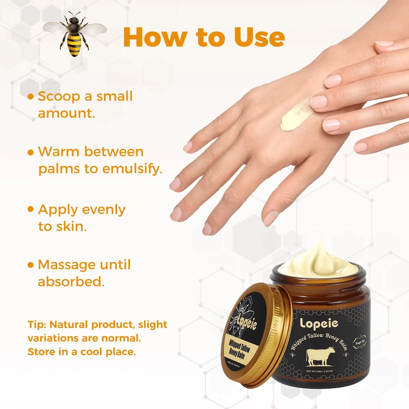 Lopeie Whipped Grass-Fed Beef Tallow Honey Balm - 4 Oz,Moisturizing Cream for Soft, Smooth Skin - Handmade All-Natural Moisturizer - Hydrating, Comfort, Moisture Boost Cream, Luminous Firming Cream, Body Care, Hydrating Dry Skin