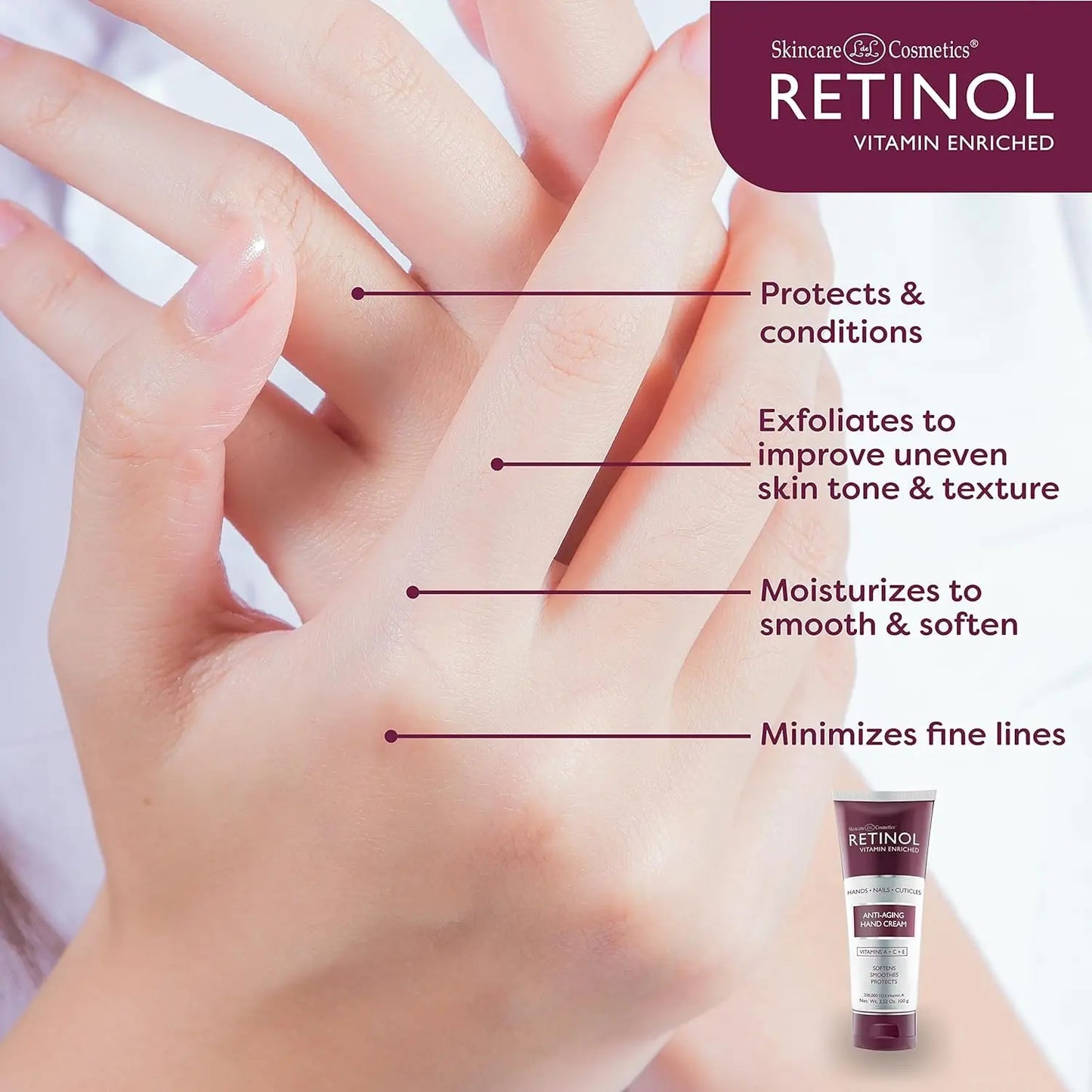 Retinol Anti-Aging Hand Cream - Vitamin a Retinol + Vitamins C & E + Green Tea Extract - Hands, Nails & Cuticles - LIVAURA