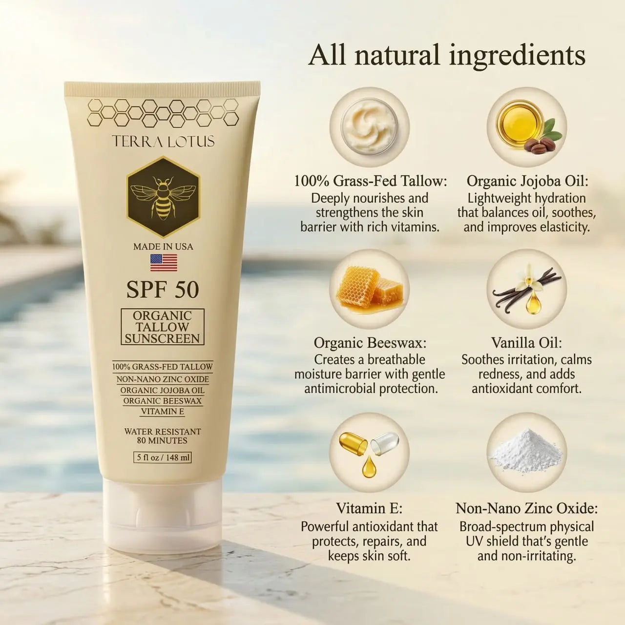 Organic Tallow Sunscreen - Natural Mineral Sunscreen SPF 50 - Safest Organic Natural Tallow & Zinc Oxide Sunblock | Reef Safe, Clean Non-Greasy Formula for Face and Body Skin Repair Skin Repair