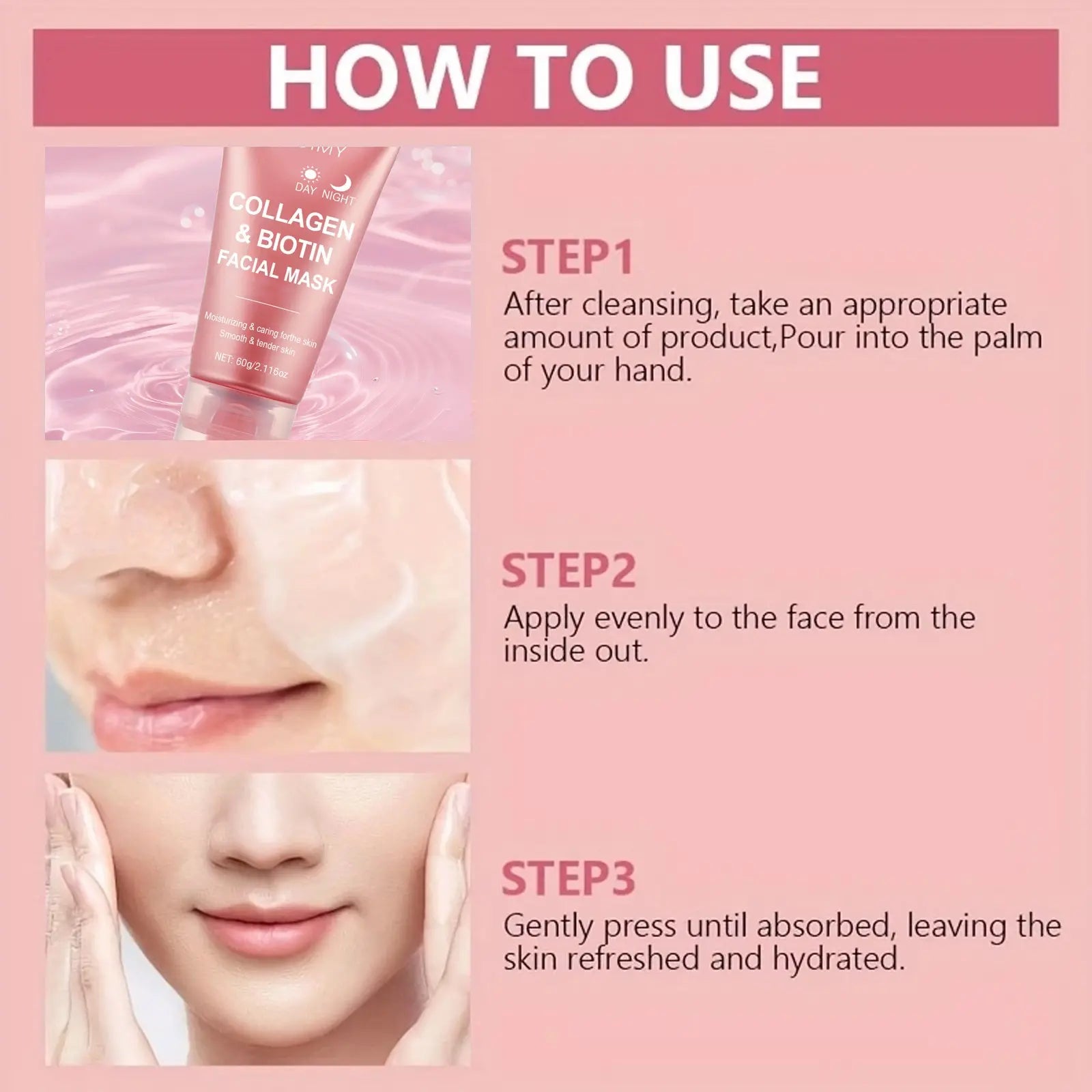 60G Collagen Biotin Day & Night Mask, Rich Collagen Essence, Moisturizing Smooth Skin, Daily Hydrating Facial Care, Face Mask for All-Day Moisture