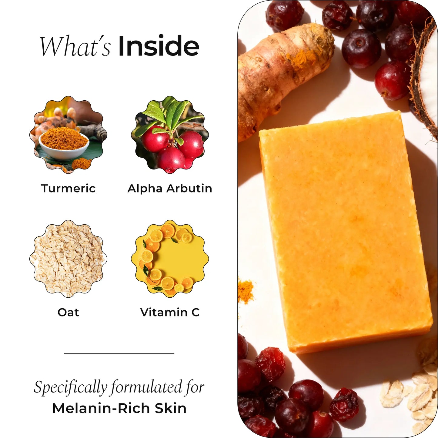 Glo Melanin Turmeric Brightening Soap, Body & Facial Cleansing for Dark Spots & Hyperpigmentation, with Vitamin C, Alpha Arbutin, Oat, 130Ml