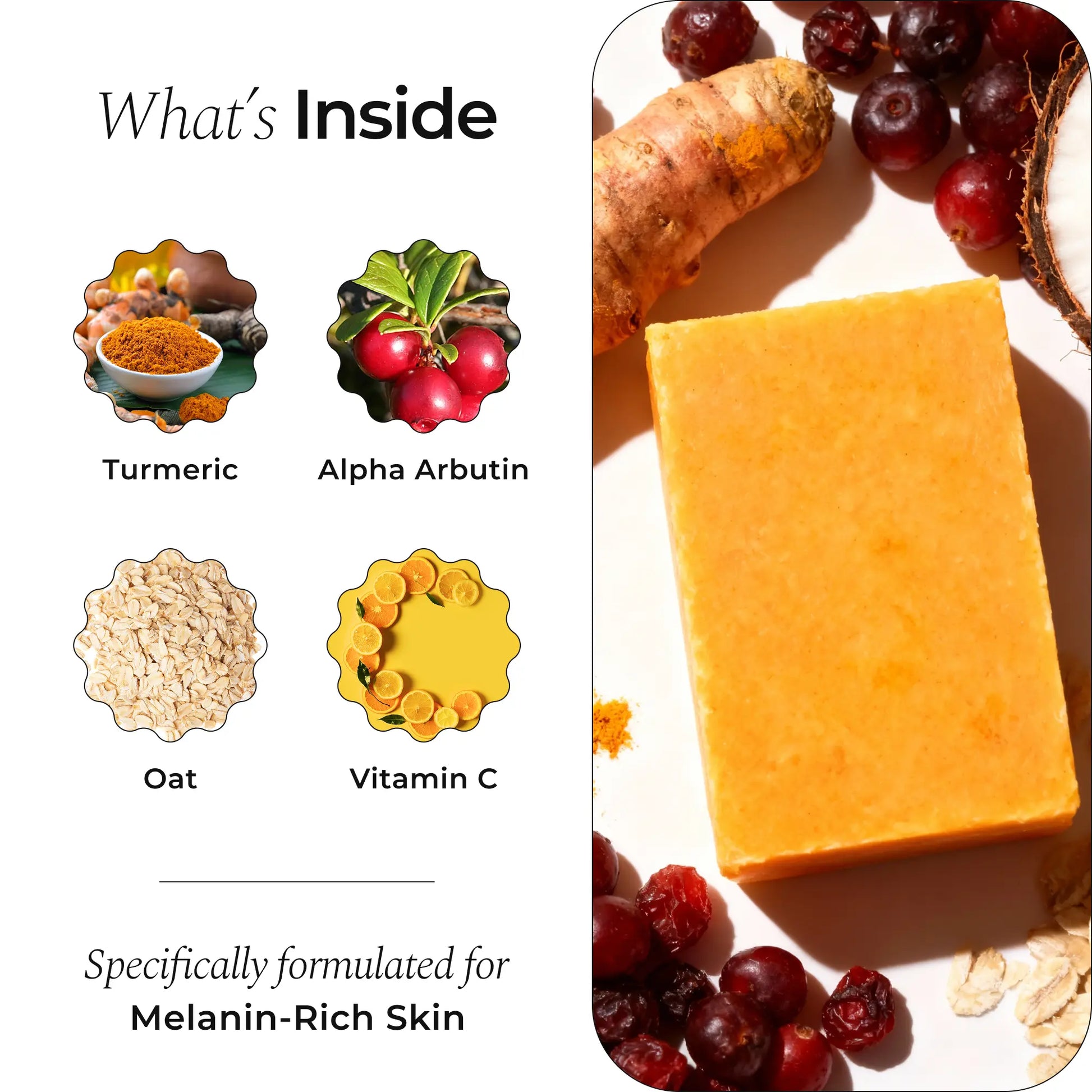Glo Melanin Turmeric Brightening Soap, Body & Facial Cleansing for Dark Spots & Hyperpigmentation, with Vitamin C, Alpha Arbutin, Oat, 130Ml