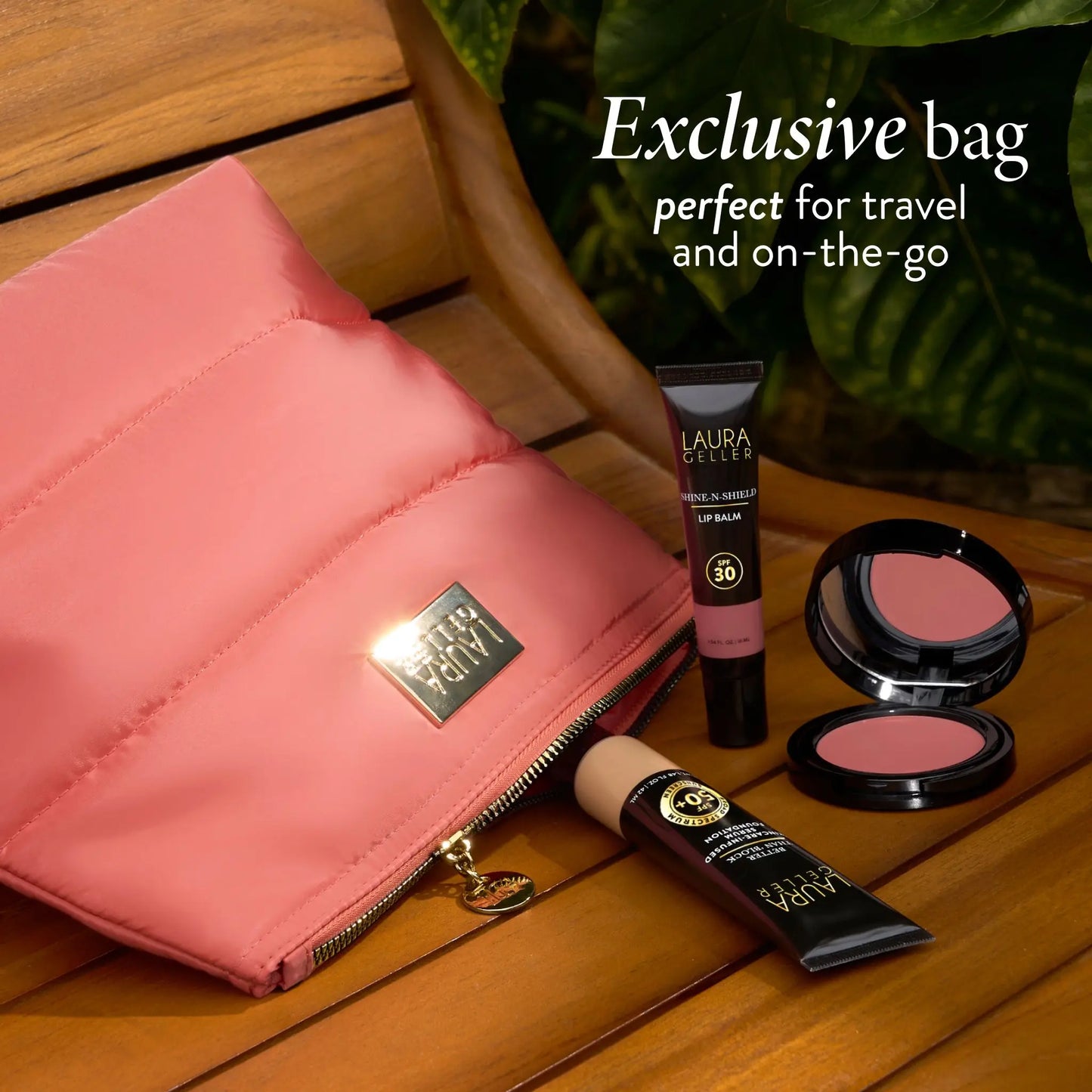 Laura Geller Good Skin SPF Kit (4PC) with SPF 50 Foundation, SPF 30 Shine N Shield Lip Balm, Wonder Balm, Makeup Bag, and FREE Brush