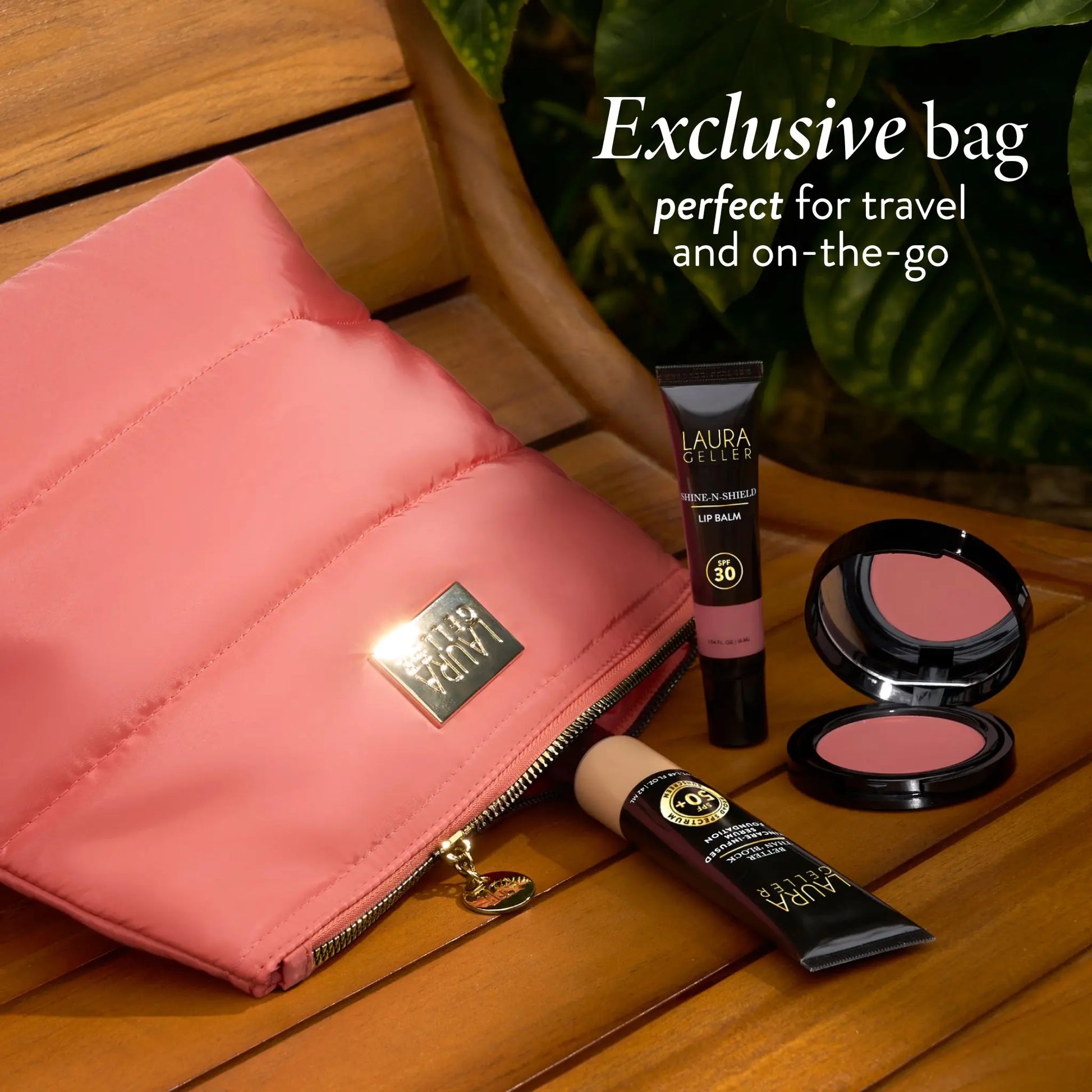 Laura Geller Good Skin SPF Kit (4PC) with SPF 50 Foundation, SPF 30 Shine N Shield Lip Balm, Wonder Balm, Makeup Bag, and FREE Brush