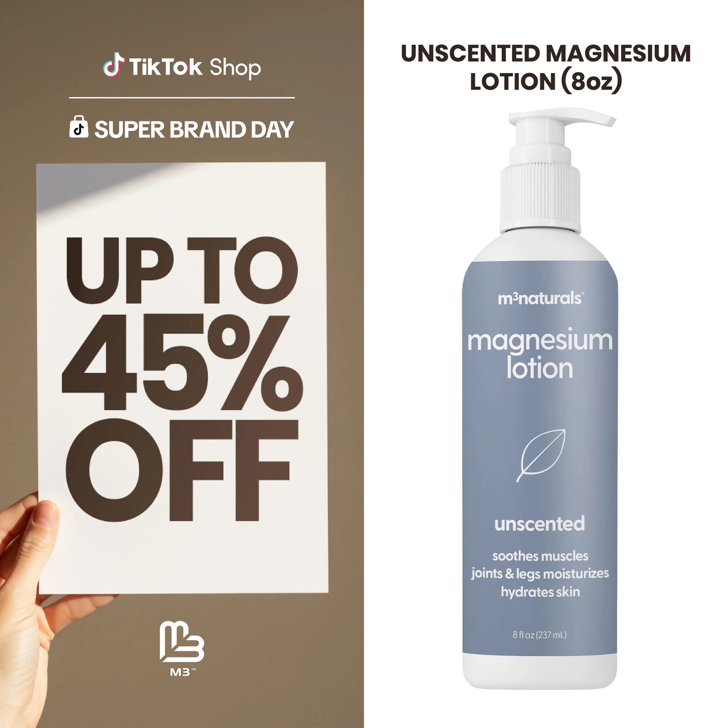 Unscented Magnesium Lotion for Sleep & Leg Cramps, Suitable for Sensitive Skin, Helps with Muscle Relaxation, Soothes Tired Legs & Foot Aches and Supports Restful Nights, 8 Fl Oz by M3
