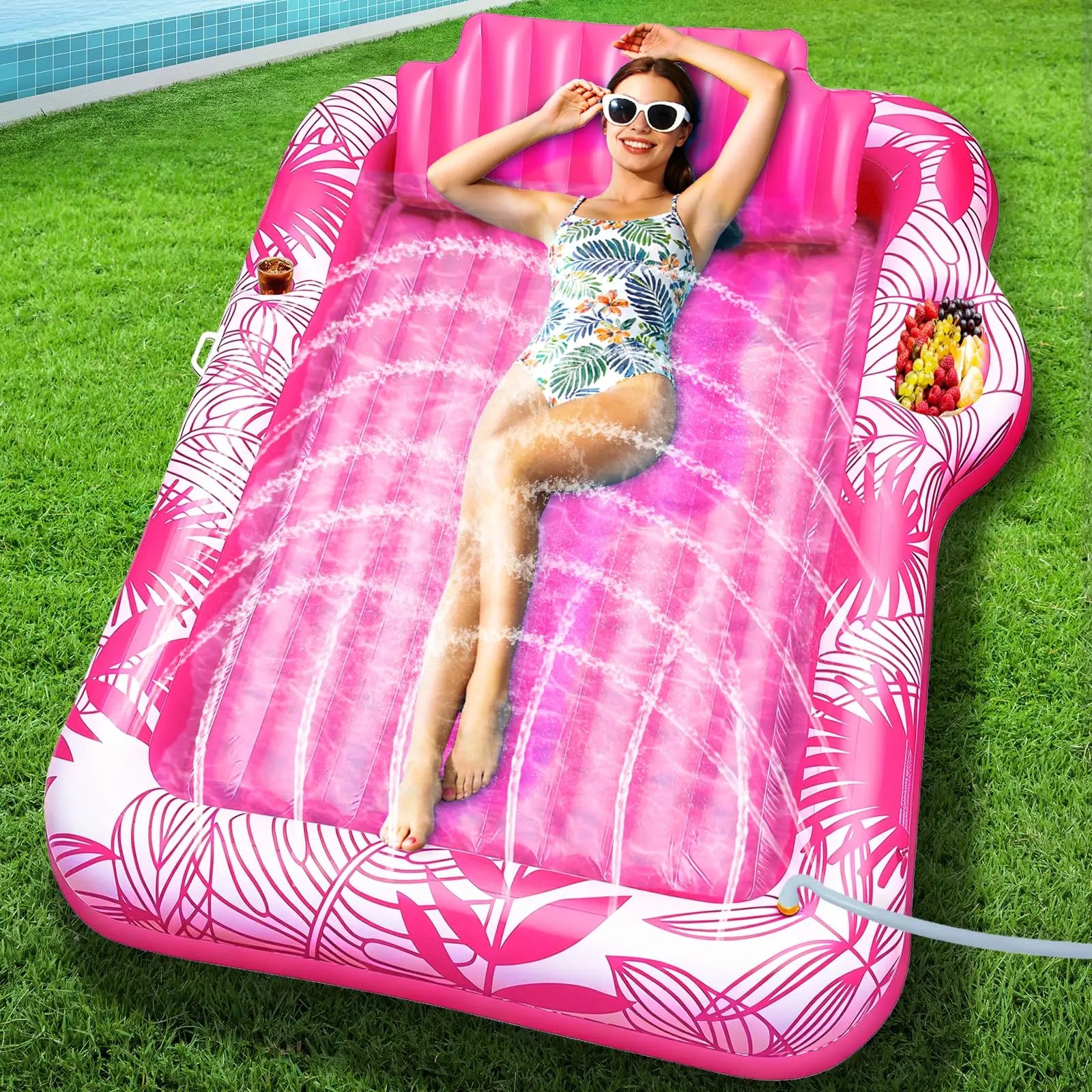 Large Inflatable Tanning Pool Lounge Float with Sprinkler Cup Holder, 78"X50" Large Pool Floats Adult with Pillow, 4 in 1 Suntan Tub Raft Floatie, Sunbathing Bed Lounge for Water Blow up Kids Ball Pit Party Gifts, Inflatable Sofa Summervibes