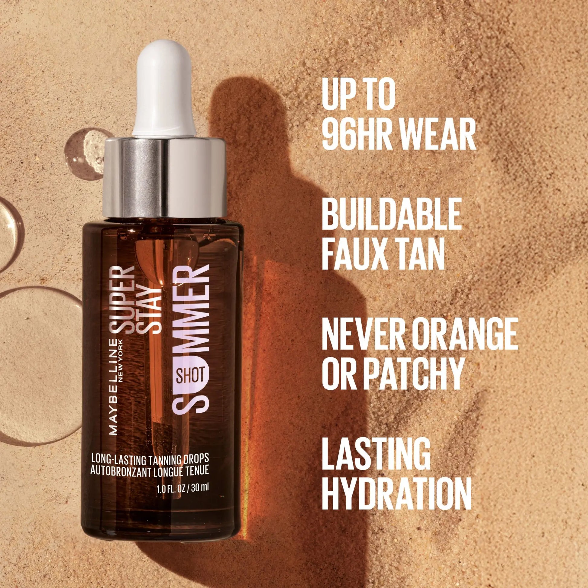 [New & Exclusive]: Summer Shot Tanning Drops, 96H Wear, Personalized Tan, Subtle to Deep, Hyaluronic Acid, Maybelline New York