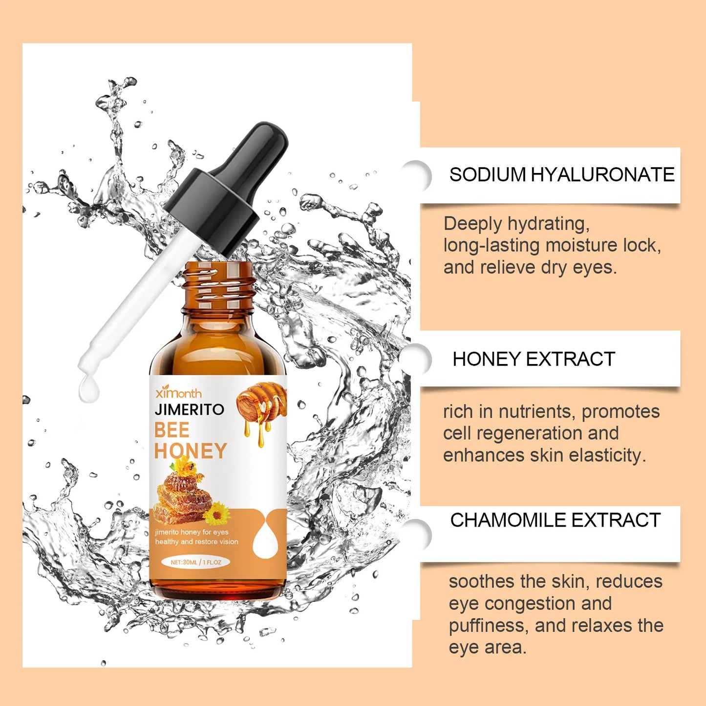 XIMONTH Genuine Honey Essence Eye Cleansing Serum 30ML Hydrating Moisturizer: Long-Lasting Moisturizing Anti-Eye Fatigue Soothing and Calming Lotion, Gentle Daily Use Refreshing Honey Eye Care Product, for Men and Women, Effective within 7 Days