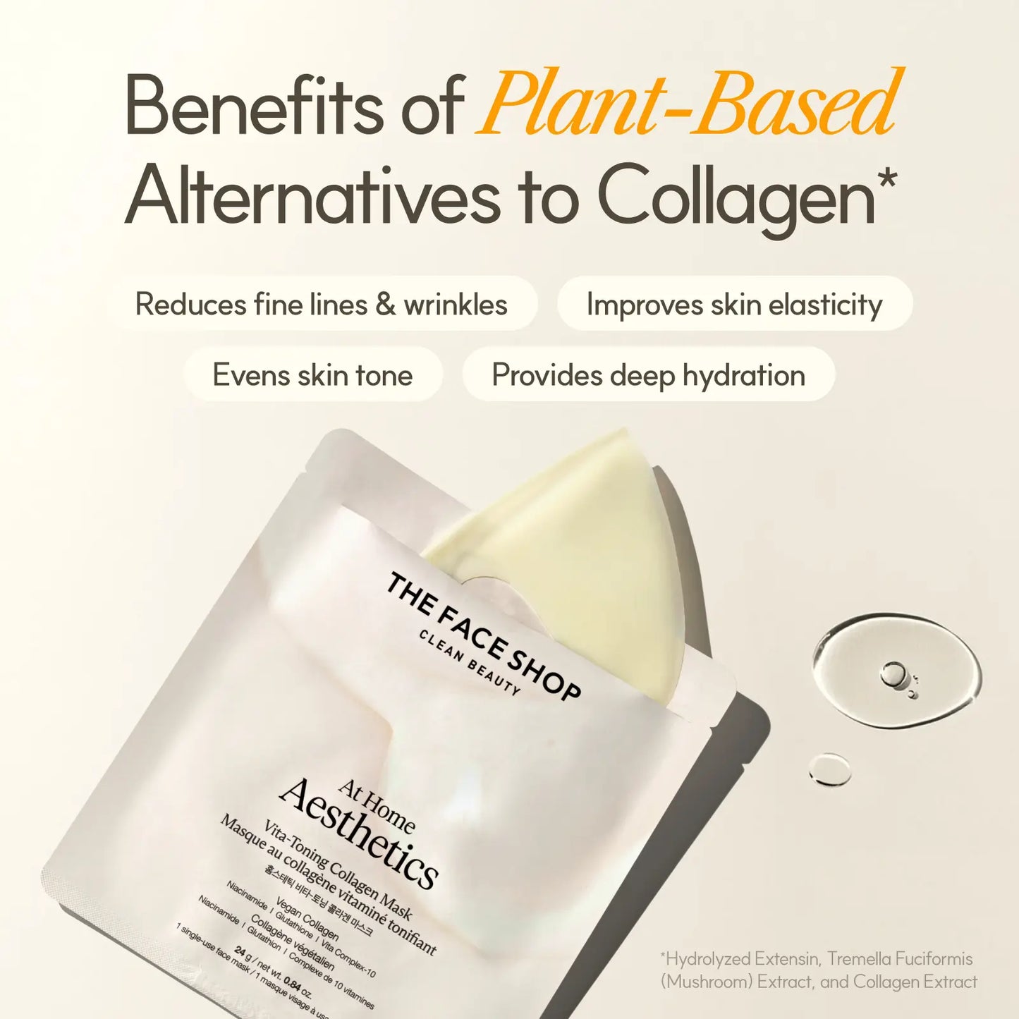 [THE FACE SHOP] Vita-Toning Vegan Collagen Face Mask (4EA) - Hydrogel Mask for Moisturizing, Niacinamide, Glass Skin, Pore Elasticity, Glass Skin, Korean Skin Care