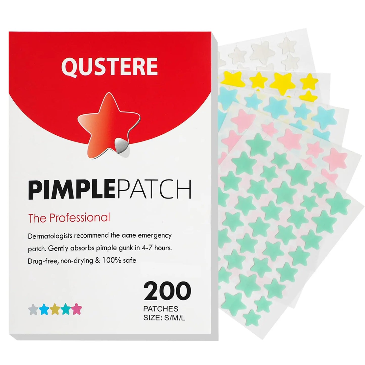 QUSTERE Pimple Patches for Face, Hydrocolloid Acne Patches, Cute Star Zit Covers, Colorful Spot Stickers with Tea Tree, Salicylic Acid & Cica Oil| 3 Sizes (10Mm, 12Mm & 14Mm) |200 Count Skincare Skin Repair