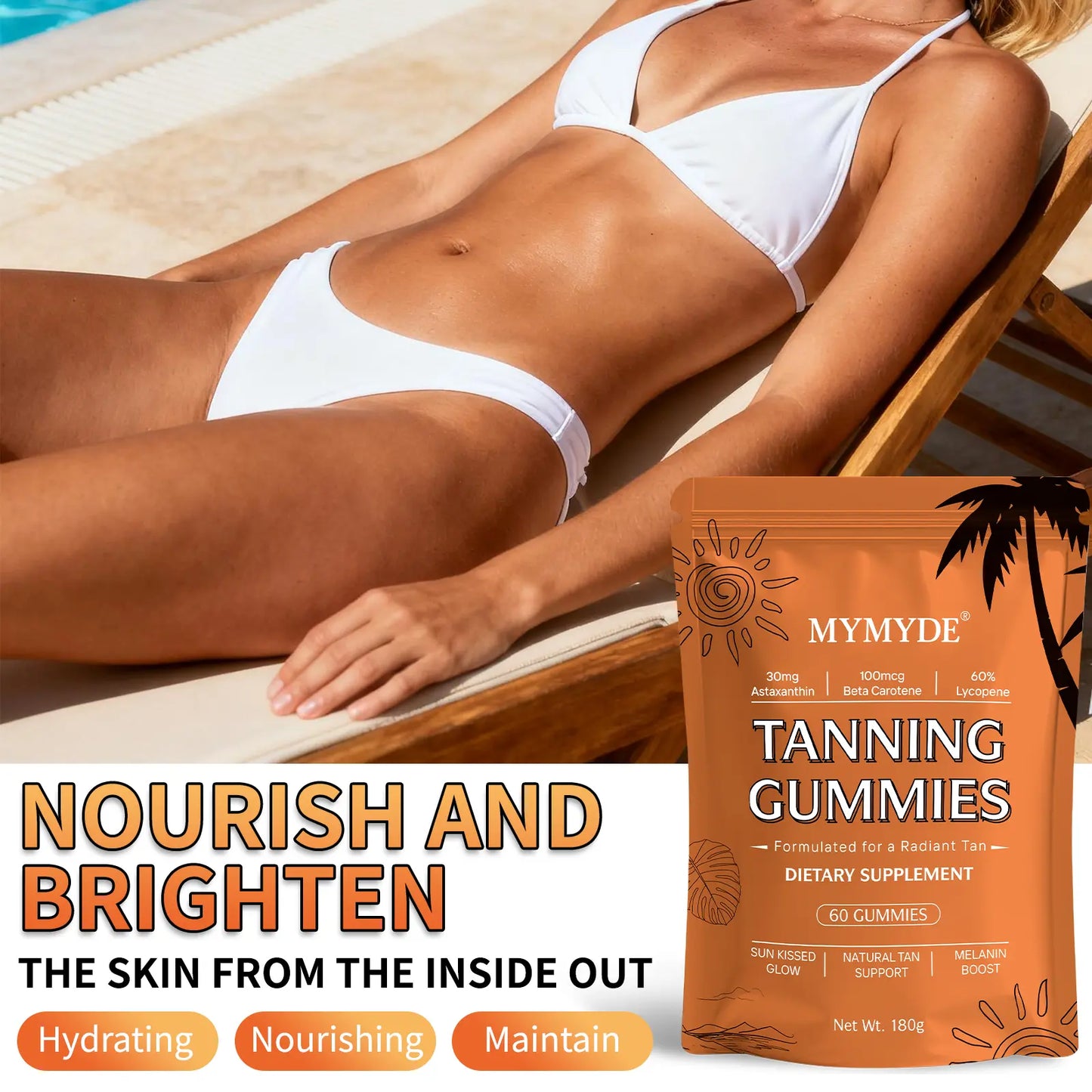 MYMYDE Tanning Gummies Dietary Supplement for Radiant Tan Sun Kissed Glow Natural Tan Support Melanin Boost 60 Gummies - Vitamin, Fitness Vitamin Fitness Healthcare Edible Bathroom Bathroom