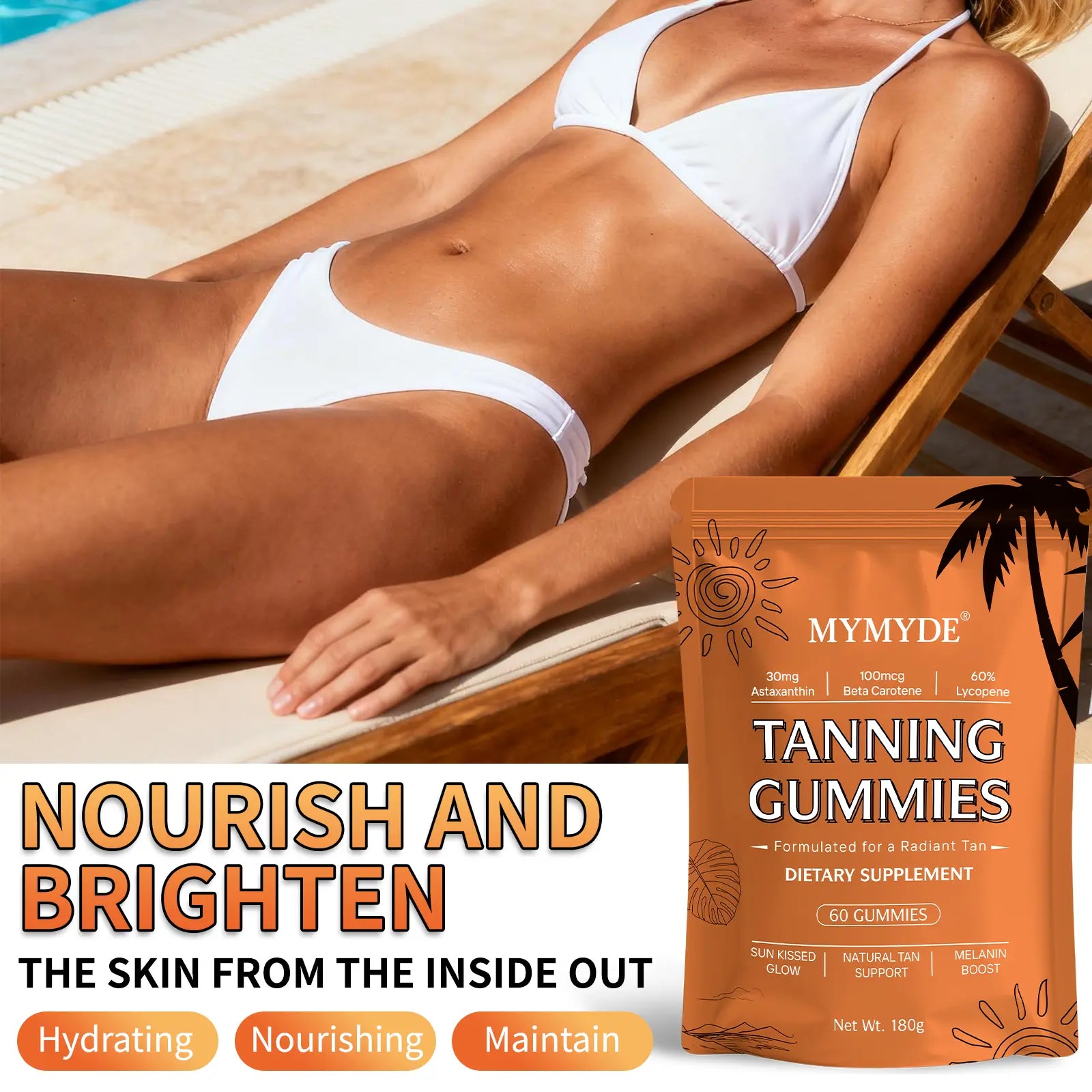 MYMYDE Tanning Gummies Dietary Supplement for Radiant Tan Sun Kissed Glow Natural Tan Support Melanin Boost 60 Gummies - Vitamin, Fitness Vitamin Fitness Healthcare Edible Bathroom Bathroom