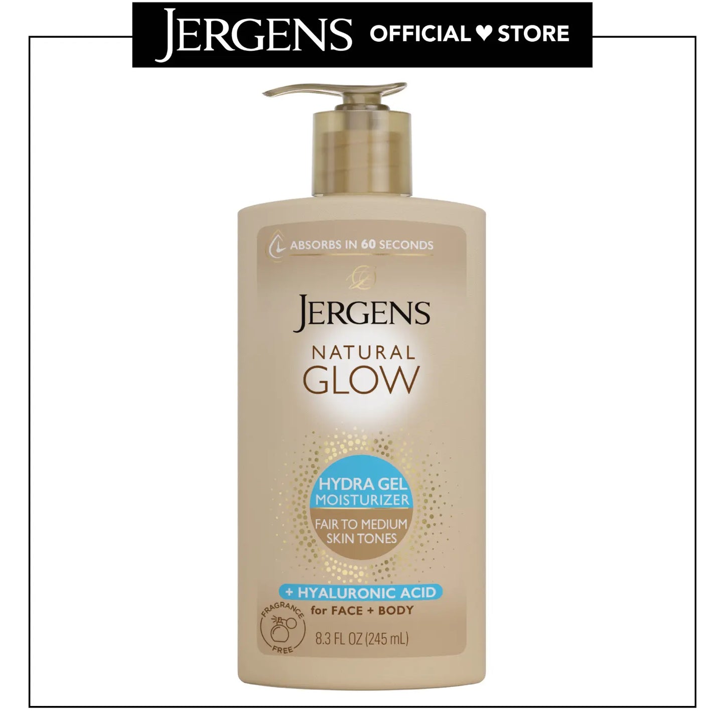 Jergens Natural Glow Hydra Gel Moisturizer + Hyaluronic Acid, Hydrating Tanning Gel Cream for Face and Body, Fragrance-Free Self Tanner, 8.3 Oz