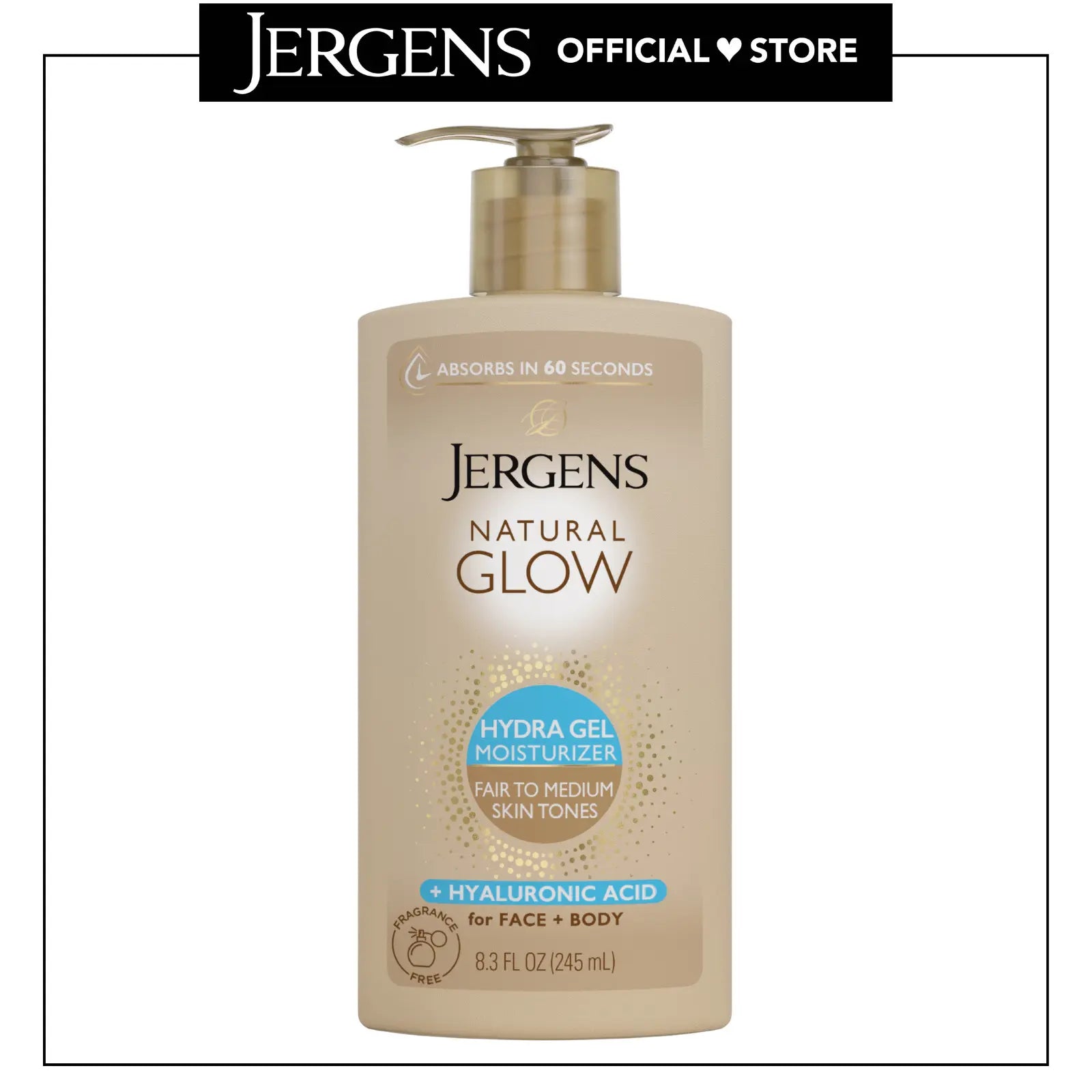 Jergens Natural Glow Hydra Gel Moisturizer + Hyaluronic Acid, Hydrating Tanning Gel Cream for Face and Body, Fragrance-Free Self Tanner, 8.3 Oz