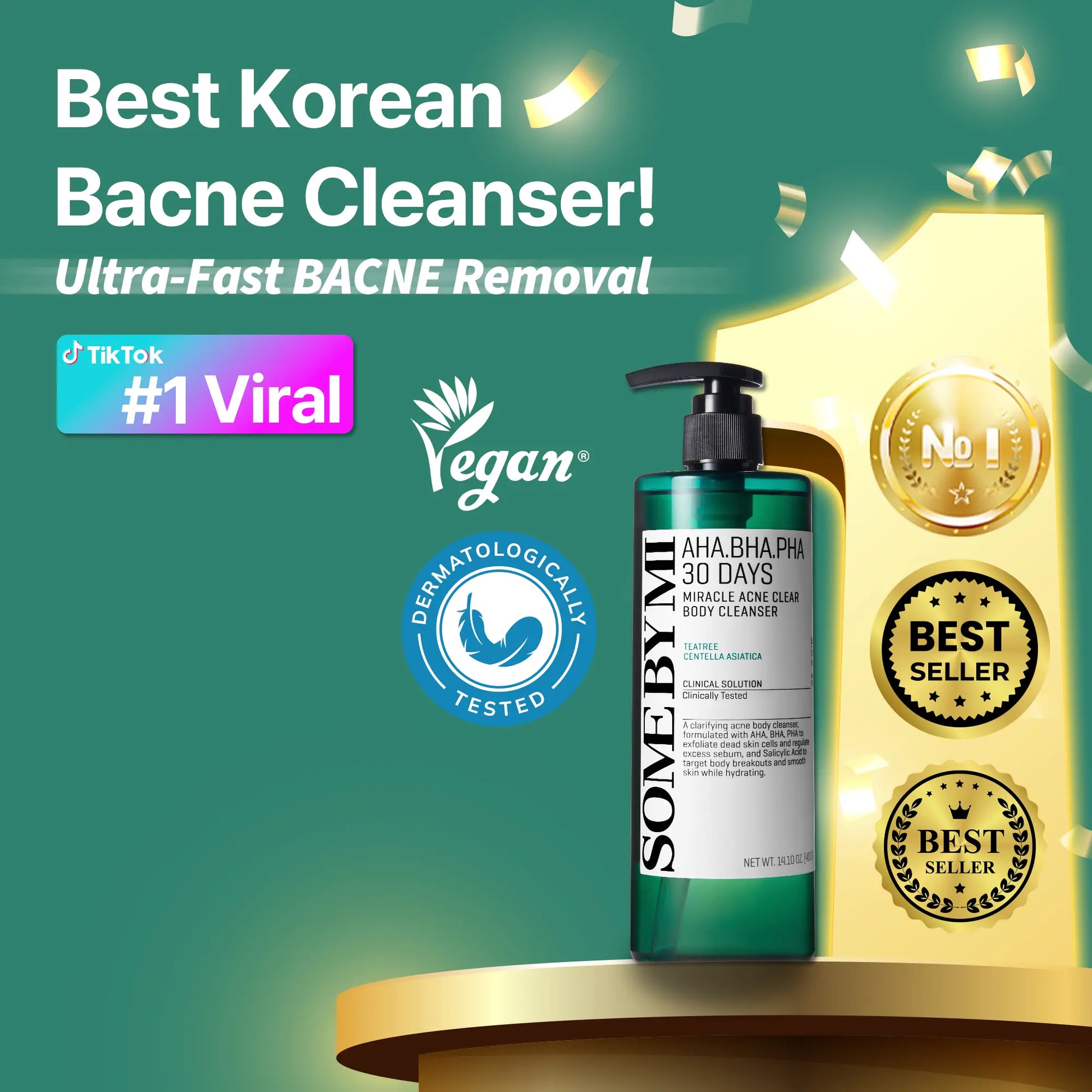 AHA BHA PHA 30 Days Miracle Acne Clear Body Cleanser 13.5Oz - Korean Skincare - Back Acne Treatment, Body Odor Control & Gentle Exfoliating Body Wash