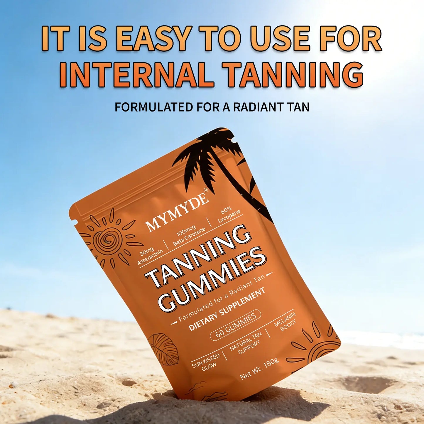 MYMYDE Tanning Gummies Dietary Supplement for Radiant Tan Sun Kissed Glow Natural Tan Support Melanin Boost 60 Gummies - Vitamin, Fitness Vitamin Fitness Healthcare Edible Bathroom Bathroom