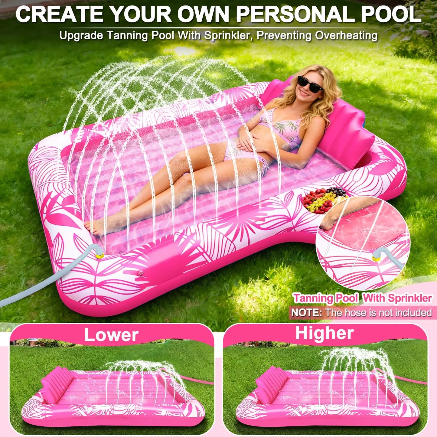 Large Inflatable Tanning Pool Lounge Float with Sprinkler Cup Holder, 78"X50" Large Pool Floats Adult with Pillow, 4 in 1 Suntan Tub Raft Floatie, Sunbathing Bed Lounge for Water Blow up Kids Ball Pit Party Gifts, Inflatable Sofa Summervibes