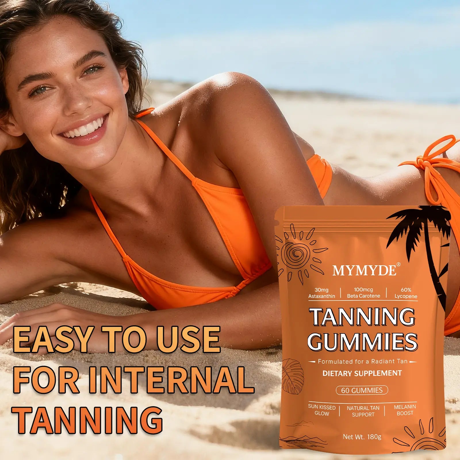 MYMYDE Tanning Gummies Dietary Supplement for Radiant Tan Sun Kissed Glow Natural Tan Support Melanin Boost 60 Gummies - Vitamin, Fitness Vitamin Fitness Healthcare Edible Bathroom Bathroom
