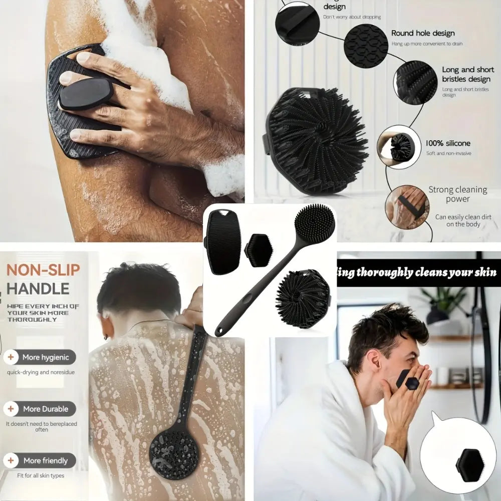 1/4 Piece Silicone Back Scrub Brush & Bath Glove Set, Super Exfoliating Body Scrub and Rich-Foam Shower Brush Combination, Exfoliating Shower Scrubber, Exfoliating Bath Tool, Body Care Tool